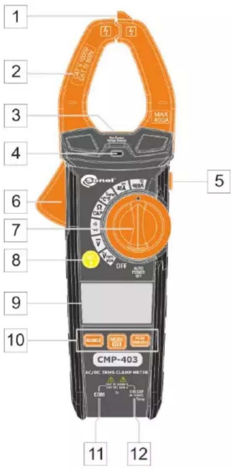 1 2 3 4 5 6 7 8 9 10 CMP-403 AC/DC TRMS CLAMP METER COMP MAX 400A OFF AUTO PONCE SET RANGE MOVE DES PEAR WHIP COM 11 12