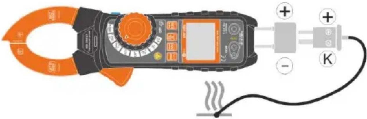 Diagram of a digital multimeter connected to a power supply with labeled terminals and connection points