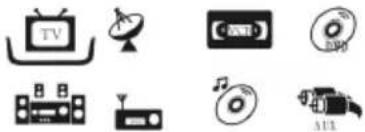 Collection of eight black-and-white icons representing media and entertainment devices (TV, radio, vinyl record, etc.), no text or labels present.