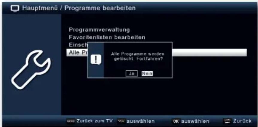 Hauptmenü / Programme bearbeiten Programmverwaltung Favoritenlisten bearbeiten Einsch Alle Pr ! Alle Programme worden gelöscht. Fortfahren? Ja Nein MENS Zurück zum TV auswählen OK auswählen Zurück