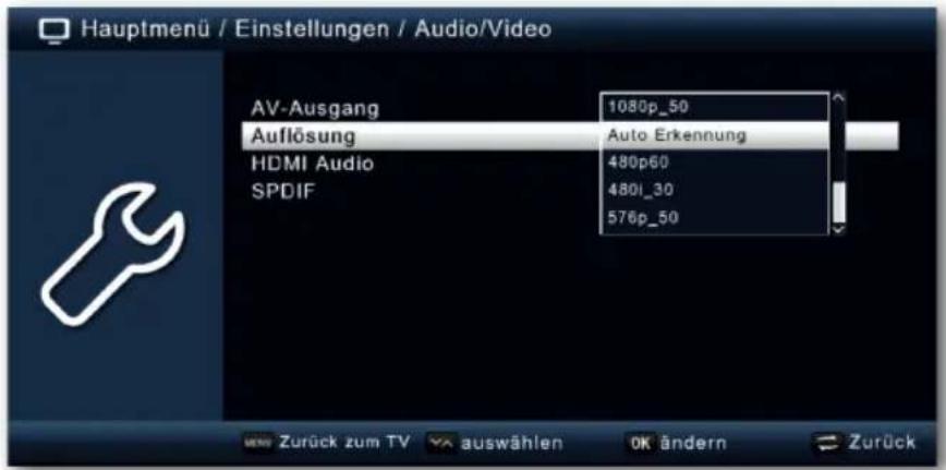 Hauptmenü / Einstellungen / Audio/Video AV-Ausgang 1080p_50 Auflösung Auto Erkennung HDMI Audio 480p60 SPDIF 480l_30 576p_50 Zurück zum TV auswählen OK ändern Zurück