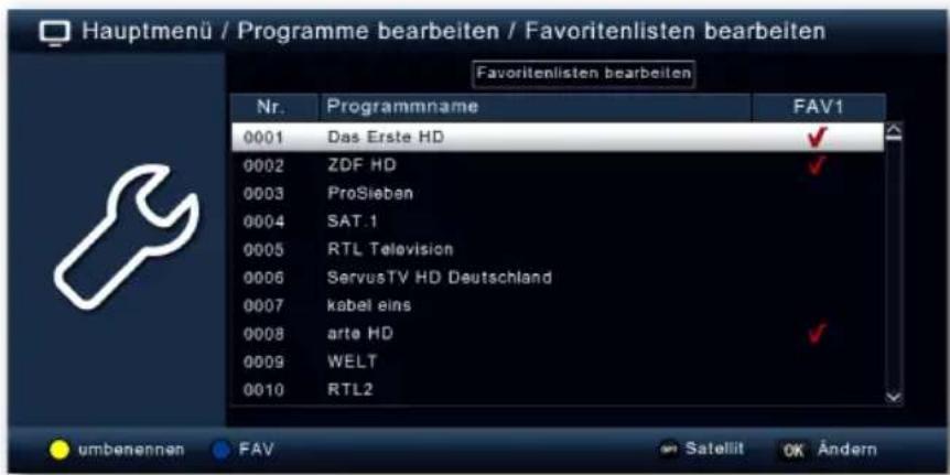 Hauptmenü / Programme bearbeiten / Favoritenlisten bearbeiten Favoritenlisten bearbeiten Nr. Programmname FAV1 0001 Das Erste HD ✓ 0002 ZDF HD ✓ 0003 ProSieben SAT.1 0004 RTL Television 0005 ServusTV HD Deutschland 0006 kabel eins 0007 arte HD ✓ 0008 WELT 0009 RTL2 0010 umbenennen FAV Satellit OK Ändern