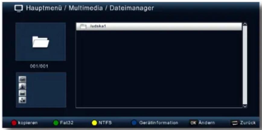 Hauptmenü / Multimedia / Dateimanager /udska1 001/001 kopieren Fat32 NTFS Gerätinformation OK Ändern Zurück