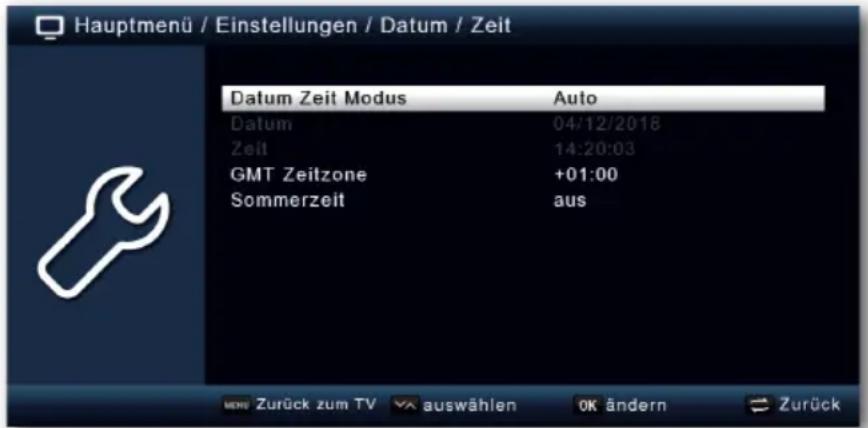 Hauptmenü / Einstellungen / Datum / Zeit Datum Zeit Modus Auto Datum 04/12/2018 Zeit 14:20:03 GMT Zeitzone +01:00 Sommerzeit aus MENU Zurück zum TV auswählen OK ändern → Zurück