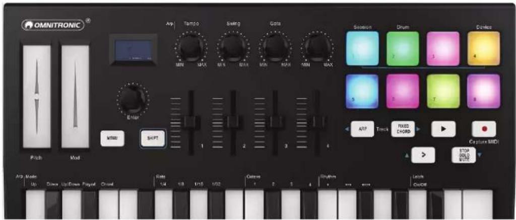OMNITRONIC Arp Tampo Swing Gates Session Drum Devices MIN MAX MIN MAX MIN MAX MIN MAX 3 2 1 8 ARP Track FIXED CHORD Capture MIDI STOP SOLO WUTE Pitch Mod Enter SHIFT MSSO 1 2 3 4 Arp Mode Up Draw Up/Dress Playout Choud Rate 1/4 1/8 1/10 1/12 Caves 1 2 3 4 Rhythm 5 6 7 Lock On/Ole