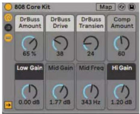 808 Core Kit Map DrBuss Amount 65 % DrBuss Drive 38 DrBuss Transien 24 Comp Amount 60 Low Gain Mid Gain Mid Freq Hi Gain 0.00 dB 1.77 dB 343 Hz 1.20 dB