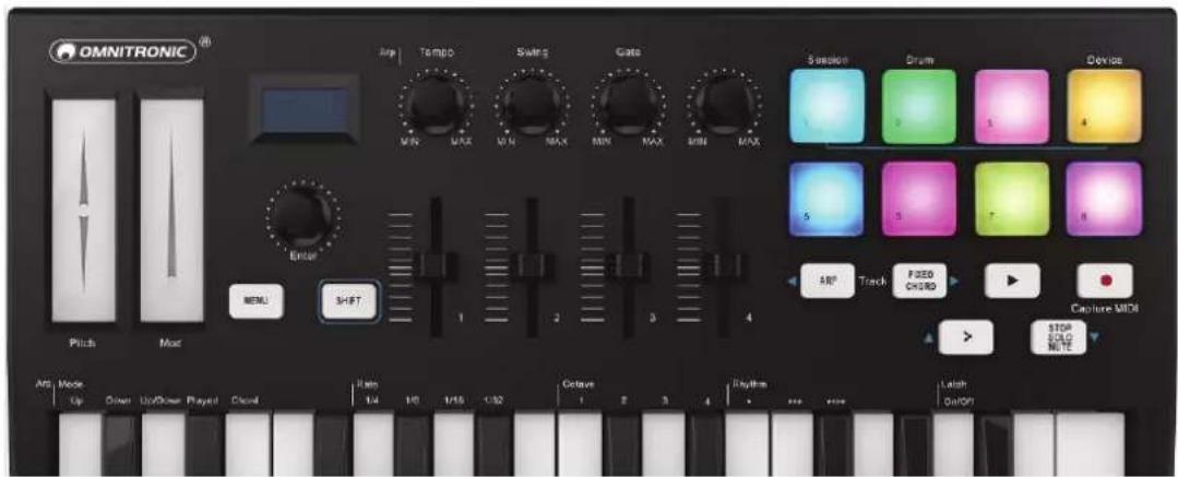 OMNITRONIC Am Tempo Swings Gate Session Drum Device 5 3 7 8 ARP Track Fixed ChroD Capture MDI STOP SOLD NOTE ABS Mode Up Driver Up/Owner Played Cloud Rate 1/4 1/10 1/15 1/32 Octave 1 2 3 4 Rhythm Leach Out/Off