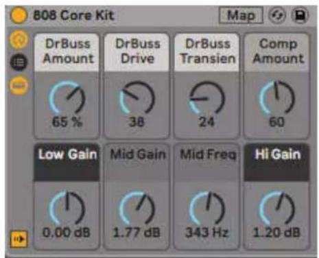 808 Core Kit Map DrBuss Amount 65 % DrBuss Drive 38 DrBuss Transien 24 Comp Amount 60 Low Gain Mid Gain Mid Freq Hi Gain 0.00 dB 1.77 dB 343 Hz 1.20 dB