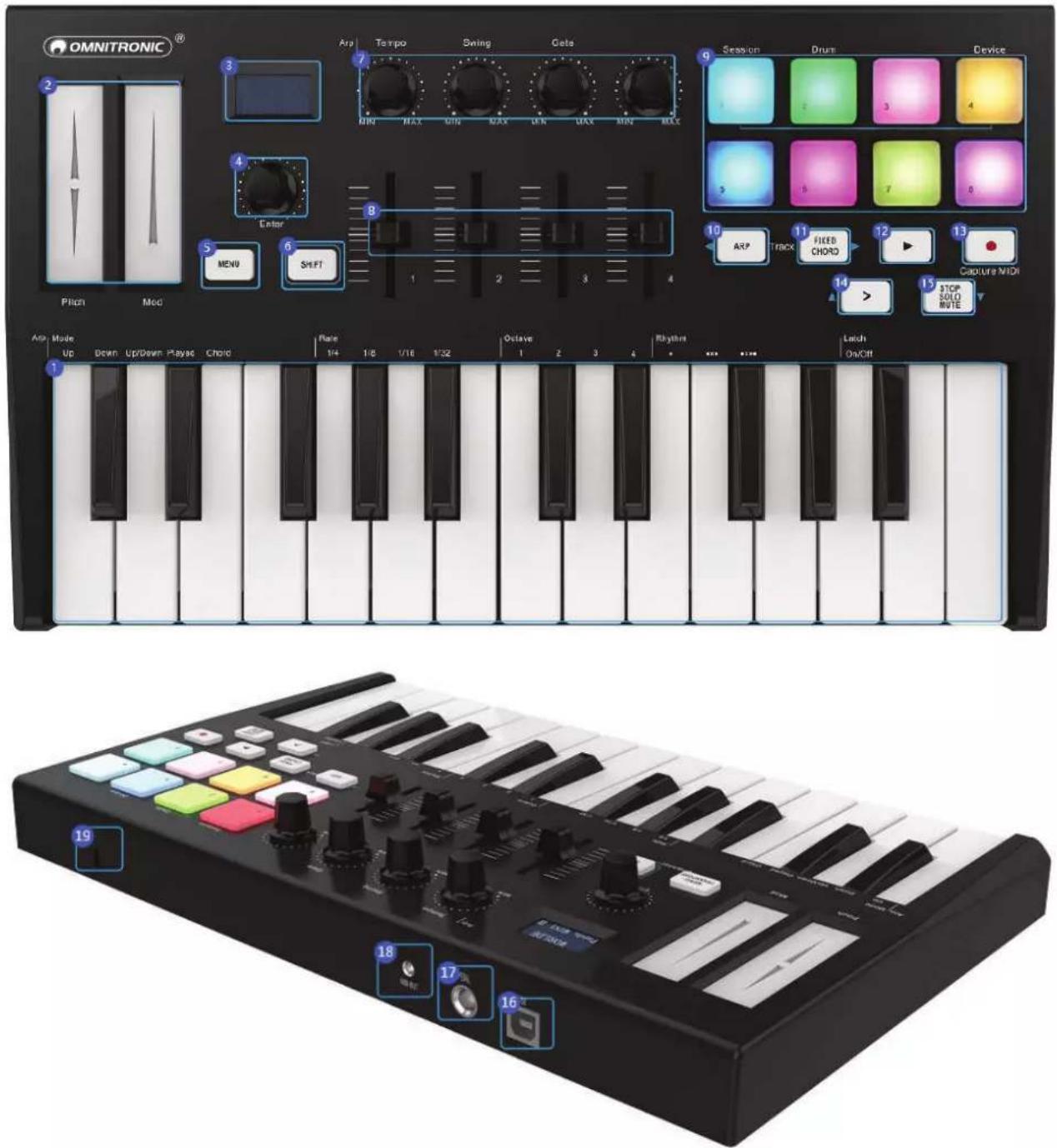 OMNITRONIC 2 3 4 5 6 7 8 9 10 11 12 13 14 15 16 17 18 19 Amp Tempo Swing Cats MIN MAX MIN MAX MIN MAX MIN MAX Session Drust Device Fixed Ficed Chord Cap/Life MIDR Stop SOLD NOTE Pitch Mod MEN0 SHIFT Up/Down/Playe Chord Rare 1/4 1/5 1/16 1/32 Octave 1 2 3 4 Rhythm Leach On/Cift D: AMN - Swind OFF/ONION
