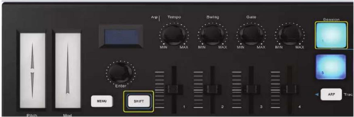 Amp | Tempo | Swing | Gate MIN MAX MIN MAX MIN MAX MIN MAX Bession 5 ARP Trac Enter MENU SHIFT 1 2 3 4
