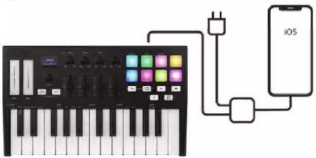 Diagram showing iOS audio workstation connected to a mobile phone via network connection