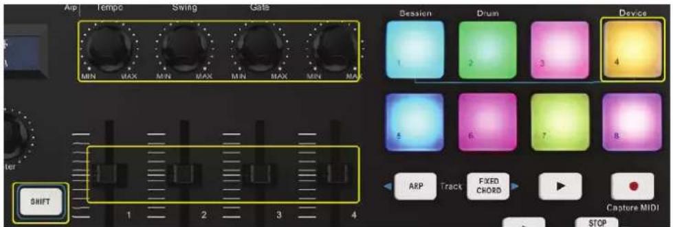 Amp Tempc Swing Gate MIN MAX MIN MAX MIN MAX MIN MAX Shift 1 2 3 4 Bession Drum Device 1 2 3 4 5 6 7 8 ARP Track FIXED CHORD Capture MIDI STOP