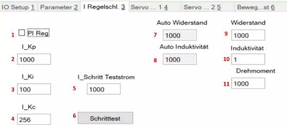 IO Setup 1 Parameter 2 I Regelschl. 3 Servo ... 1 4 Servo ... 2 5 Beweg...st 6 1 □ PI Reg I_Kp 2 1000 I_Ki 3 100 I_Schritt Teststrom 5 1000 I_Kc 4 256 Schritttest Auto Widerstand 7 1000 Auto Induktivität 8 1000 Auto Widerstand 9 1000 Induktivität 10 1 Drehmoment 11 1000