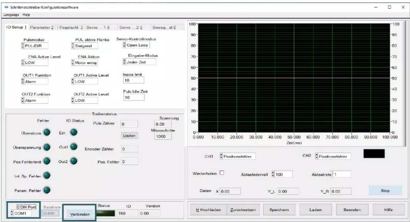 Schrittmotortreiber Konfigurationsoftware Language Help IO Setup 1 Parameter 2 I Regolachl. 3 Servo ... 1 4 Servo ... 2 5 Beweg... at 6 Pulomodus PUL/DIR PUL aktive Flanke Steigend Servo-Kontrollmodus Open Loop ENA Active Level LOW ENA Aktion Motor entsp Eingabe-Modus Jeder Zeit OUT1 Funktion Alarm OUT1 Active Level LOW Inpos limit 10 OUT2 Funktion Alarm OUT2 Active Level LOW Puls Idle Zeit 10 Treiberstatus Treiberstatus Fehler IO Status Spannung 0.00 Überstrom Ein Puls Zähler Löschen Mikroschnitte 1000 Überspannung Out1 Encoder Zahler 0 Pos Fehlorimit Out2 Pos. Fehler 0 Int. Sp. Fehler Param. Fehler CH1 Positionstehler CH2 Positionstehler Wiederholen Abtastintervall 100 Abtastrate 1 Daten x 0.00 Y_L 0.00 Y_R 0.00 Stop COM Port Baudrate Verbinden COM1 38400 T60 0.00 H Hochladen Zurücksetzen Speichern Laden Beenden Hilfe