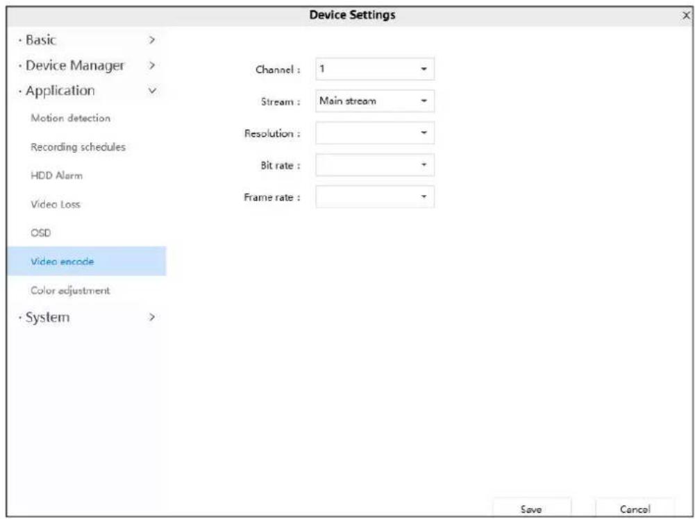 Device Settings · Basic > · Device Manager > · Application Motion detection Recording schedules HDD Alarm Video Loss OSD Video encode Color adjustment · System > Channel : 1 Stream : Main stream Resolution : Bit rate : Frame rate : Save Cancel
