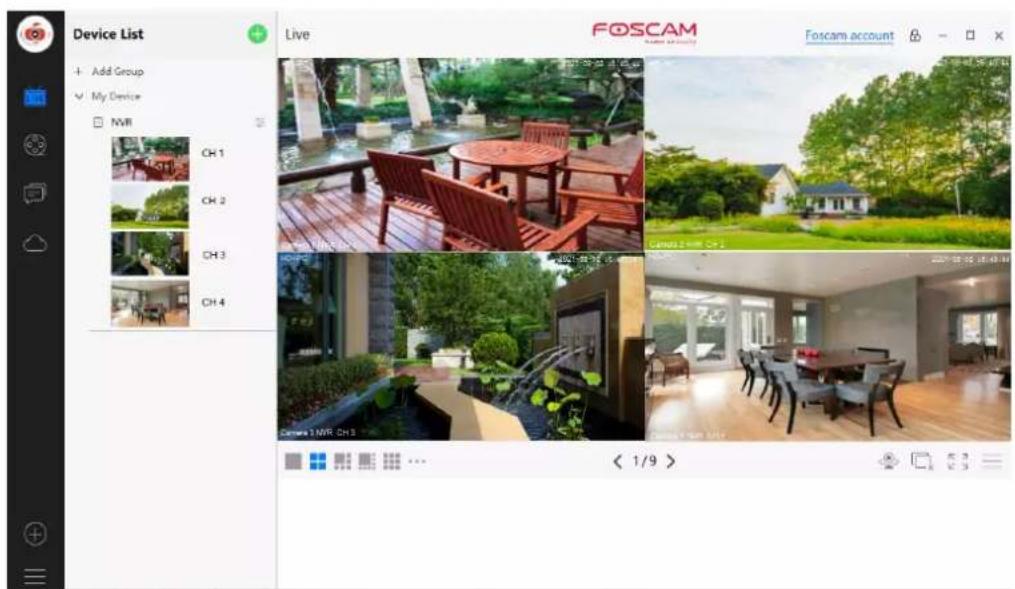 Device List Add Group My Device NVR CH 1 CH 2 CH 3 CH 4 Live FOSCAM Foscam account < 1/9 > 5.3 6.3