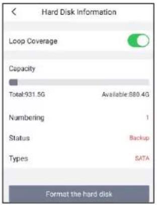 Hard Disk Information Loop Coverage Capacity Total:931.5G Available:880.4G Numbering 1 Status Backup Types SATA Format the hard disk