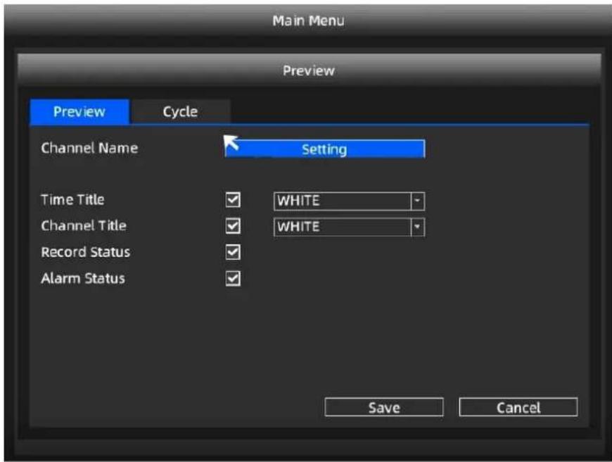 Main Menu Preview Preview Cycle Channel Name Setting Time Title WHITE Channel Title WHITE Record Status Alarm Status Save Cancel