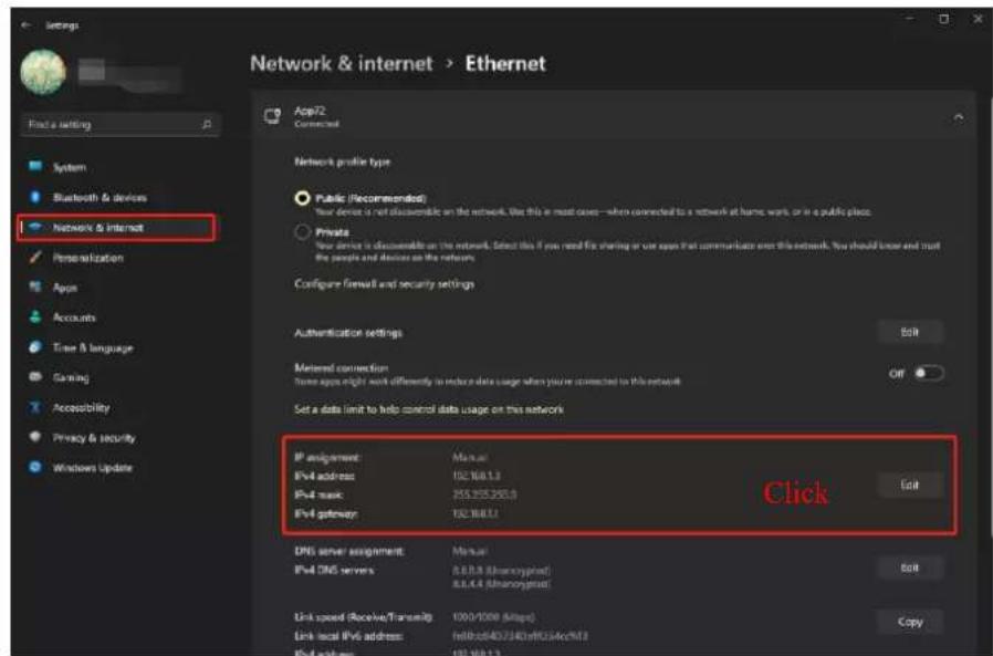 Network & internet > Ethernet App72 Connected Network profile type Public (Recommended) Your device is not accessible on the network. We this in most cases—when connected to a network at home, work or in a public place. Private Your device is accessible on the network. Select this if you need file sharing or use again that communicate over this network. You should know and trust the people and devices on the network. Configure firewall and security settings Authentication settings Edit Metered connection Some apps might work differently to reduce data usage when you're connected to this network Set a data limit to help control data usage on this network IP assignment: Manual IPv4 address: 100.168.1.3 IPv4 mask: 255.255.255.3 IPv4 printer: 100.168.1.3 Click DNS server assignment: Manual IPv4 DNS servers: 8.8.8.8 (Ahorosypted) 8.8.8.8 (Ahorosypted) Link speed (Receive/Transmit) 1000/1000 (Mbps) Link local IPv4 address: hbb2c4072407a10234cc913 IPv4 access: 100.168.1.3 Edit Copy