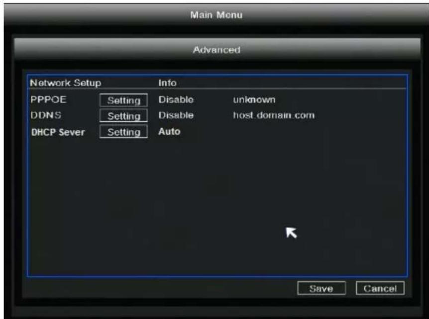 Main Menu Advanced Network Setup Info PPPOE Setting Disable Protein unknown DDNS Setting Disable Protein host domain.com DHCP Sever Setting Auto Save Cancel