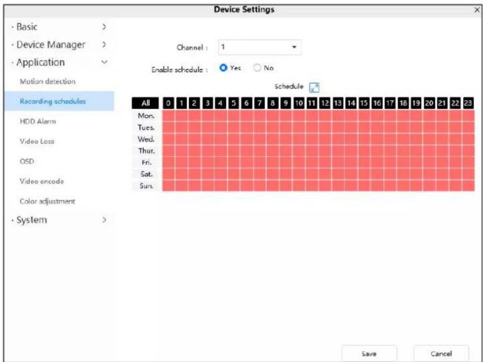 Device Settings Basic > Device Manager > Application Motion detection Recording schedules HDD Alarm Video Loss OSD Video encode Color adjustment System Channel : 1 Enable schedule : Yes No Schedule All 0 1 2 3 4 5 6 7 8 9 10 11 12 13 14 15 16 17 18 19 20 21 22 23 Mon. Tues. Wed. Thur. Fri. Sat. Sun. Save Cancel