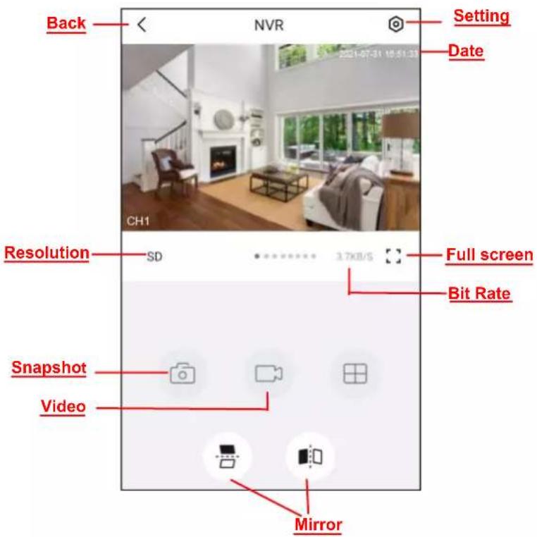 Back NVR Setting Date CH1 Resolution SD 3.7KB/s Full screen Bit Rate Snapshot Video Mirror