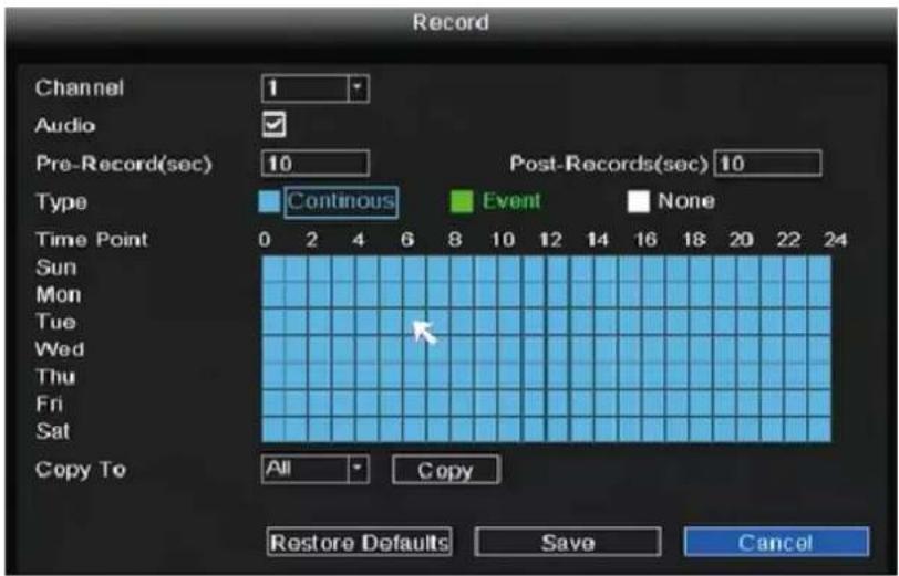 Record Channel 1 Audio ✓ Pre-Record(sec) 10 Post-Records(sec) 10 Type Continuous Event None Time Point 0 2 4 6 8 10 12 14 16 18 20 22 24 Sun Mon Tue Wed Thu Fri Sat Copy To All Copy Restore Defaults Save Cancel