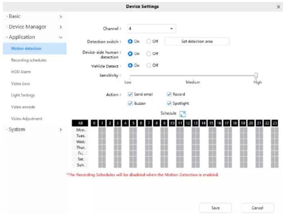 Device Settings · Basic > · Device Manager > · Application ✓ Motion detection Recording schedules HDD Alarm Video Loss Light Settings Video encode Video Adjustment - System > Channel : 4 Detection switch : ● On ○ Off Set detection area Device-side human : ● On ○ Off detection Vehicle Detect : ● On ○ Off Sensitivity : Low Medium High Action : ✓ Send email ✓ Record ✓ Buzzer ✓ Spotlight Schedule ✓* The Recording Schedules will be disabled when the Motion Detection is enabled. Save Cancel