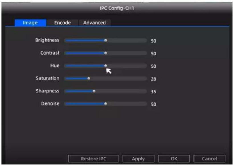 IPC Config-CH1 Image Encode Advanced Brightness 50 Contrast 50 Hue 50 Saturation 28 Sharpness 35 Denoise 50 Restore IPC Apply OK Cancel