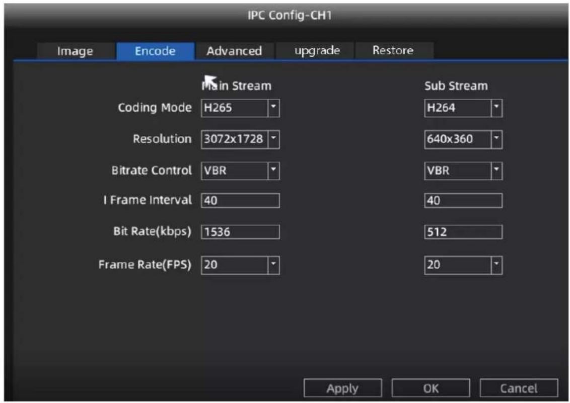 IPC Config-CH1 Image Encode Advanced upgrade Restore Main Stream Sub Stream Coding Mode H265 H264 Resolution 3072x1728 640x360 Bitrate Control VBR VBR I Frame Interval 40 40 Bit Rate(kbps) 1536 512 Frame Rate(FPS) 20 20 Apply OK Cancel