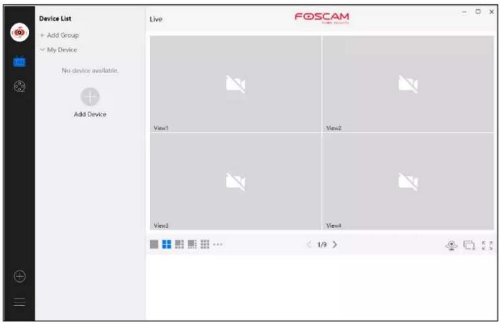 Device List + Add Group ✓ My Device No device available. Add Device Live FOSCAM View1 View2 View3 View4 1/9 >