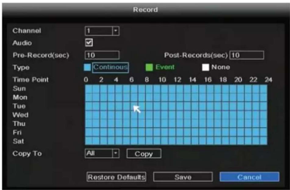 Record Channel 1 Audio ✓ Pre-Record(sec) 10 Post-Records(sec) 10 Type Continuous Event None Time Point 0 2 4 6 8 10 12 14 16 18 20 22 24 Sun Mon Tue Wed Thu Fri Sat Copy To All Copy Restore Defaults Save Cancel