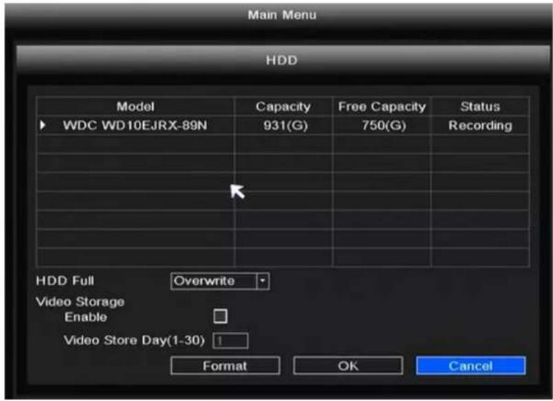 Main Menu HDD Model Capacity Free Capacity Status WDC WD10EJRX-89N 931(G) 750(G) Recording HDD Full Overwrite Video Storage Enable Video Store Day(1-30) 1 Format OK Cancel