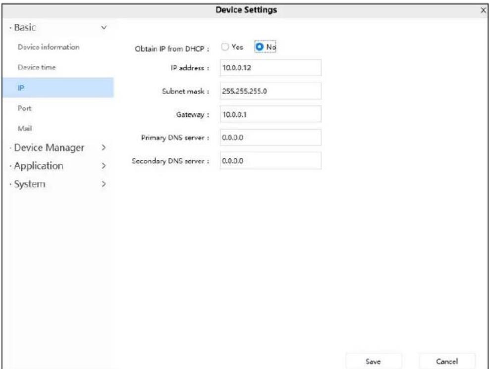 Device Settings · Basic Device information Obtain IP from DHCP : Yes No Device time IP IP address : 10.0.0.12 Subnet mask : 255.255.255.0 Port Gateway : 10.0.0.1 Mail · Device Manager > Primary DNS server : 0.0.0.0 · Application > Secondary DNS server : 0.0.0.0 · System > Save Cancel