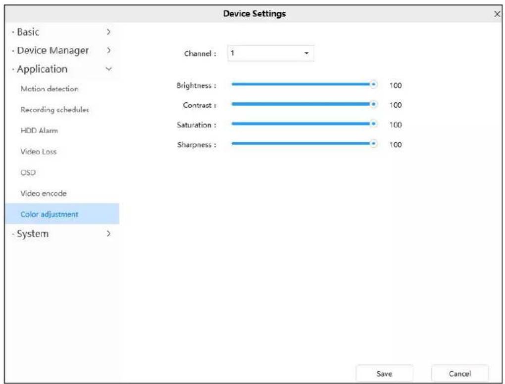 Device Settings · Basic > · Device Manager > · Application Motion detection Recording schedules HDD Alarm Video Loss OSD Video encode Color adjustment - System > Channel : 1 Brightness : 100 Contrast : 100 Saturation : 100 Sharpness : 100 Save Cancel