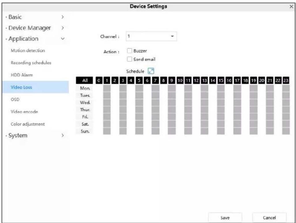 Device Settings · Basic > · Device Manager > · Application Motion detection Recording schedules HDD Alarm Video Loss OSD Video encode Color adjustment · System > Channel : 1 Action : □ Buzzer □ Send email Schedule All 0 1 2 3 4 5 6 7 8 9 10 11 12 13 14 15 16 17 18 19 20 21 22 23 Mon. Tues. Wed. Thur. Fri. Sat. Sun. Save Cancel