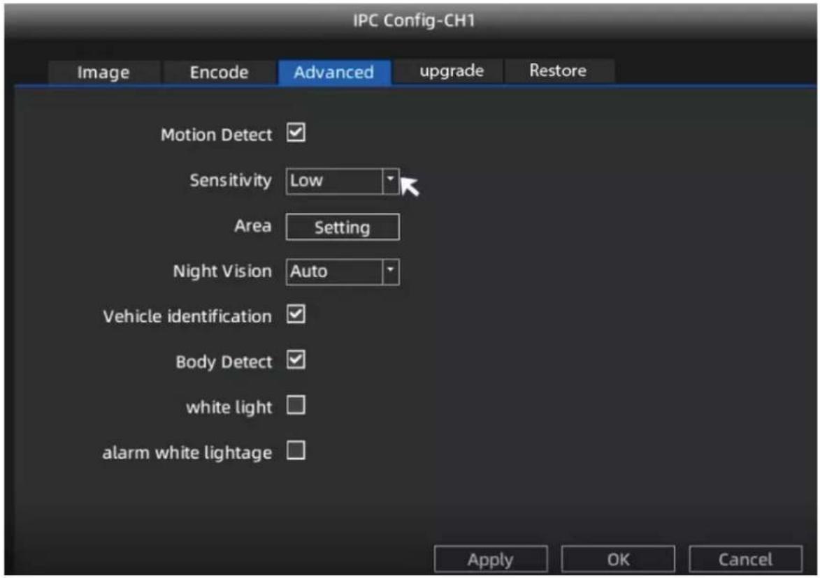 IPC Config-CH1 Image Encode Advanced upgrade Restore Motion Detect ✓ Sensitivity Low ✓ Area Setting Night Vision Auto ✓ Vehicle identification ✓ Body Detect ✓ white light □ alarm white lightage □ Apply OK Cancel