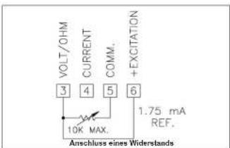 VOLT/OHM CURRENT COMM. + EXCITATION 3 4 5 6 10K MAX. Anschluss eines Widerstands 1.75 mA REF.