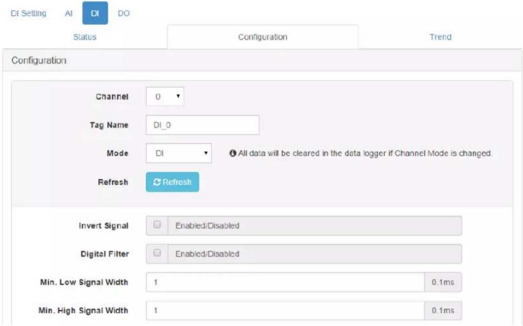 DI Setting AI DI DO Status Configuration Trend Configuration Channel 0 Tag Name DI_0 Mode DI All data will be cleared in the data logger if Channel Mode is changed. Refresh Refresh Invert Signal Enabled/Disabled Digital Filter Enabled/Disabled Min. Low Signal Width 1 0.1ms Min. High Signal Width 1 0.1ms