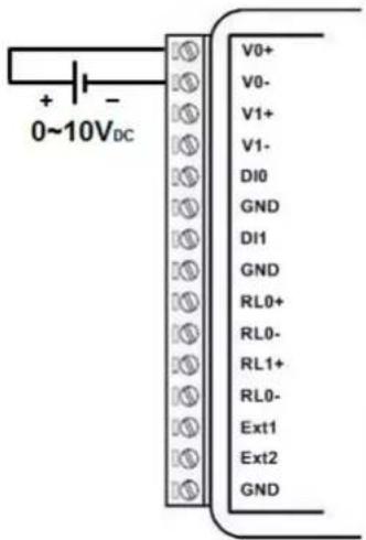 + - 0~10VDC V0+ V0- V1+ V1- DI0 GND DI1 GND RL0+ RL0- RL1+ RL0- Ext1 Ext2 GND