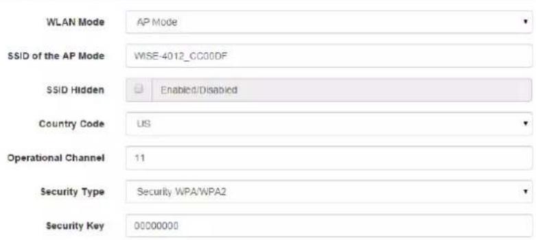 WLAN Mode AP Mode SSID of the AP Mode WISE-4012_CC00DF SSID Hidden Enabled/Disabled Country Code US Operational Channel 11 Security Type Security WPA/WPA2 Security Key 00000000