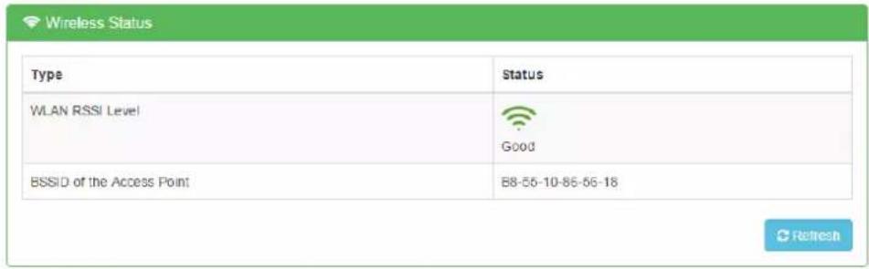Wireless Status Type Status WLAN RSSI Level Good BSSID of the Access Point B8-56-10-86-56-18 Refresh