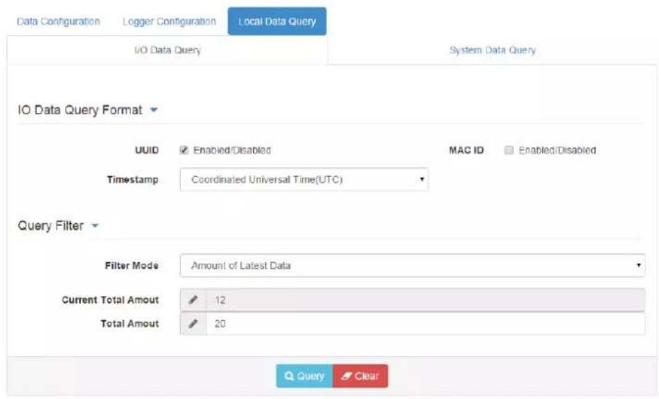Data Configuration Logger Configuration Local Data Query I/O Data Query System Data Query IO Data Query Format UUID Enabled/Disabled MAC ID Enabled/Disabled Timestamp Coordinated Universal Time(UTC) Query Filter Filter Mode Amount of Latest Data Current Total Amout 12 Total Amout 20 Q Query Clear