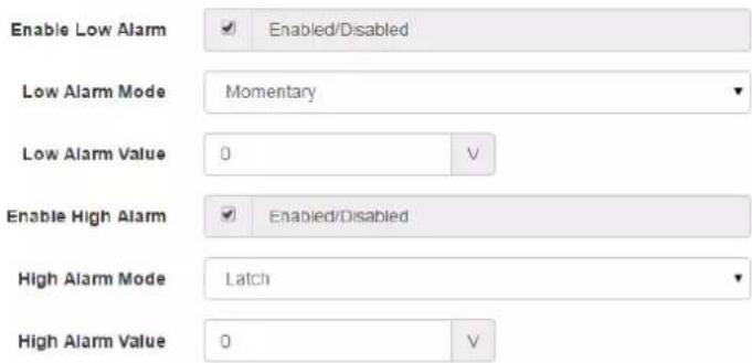 Enable Low Alarm Enabled/Disabled Low Alarm Mode Momentary Low Alarm Value 0 V Enable High Alarm Enabled/Disabled High Alarm Mode Latch High Alarm Value 0 V
