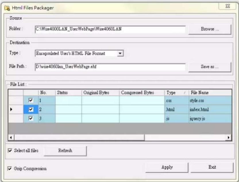 Html Files Packager Source Folder: C:\Wise4000LAN_UserWebPage\Wise4060LAN Browse ... Destination Type: Encapsulated User's HTML File Format File Path: D:\wise4060lan_UserWebPage.ehf Save as ... File List : No. Status Original Bytes Compressed Bytes Type / File Name 1 2 3 css style.css .html index.html .js jquery.js Select all files Refresh Gzip Compression Apply Exit