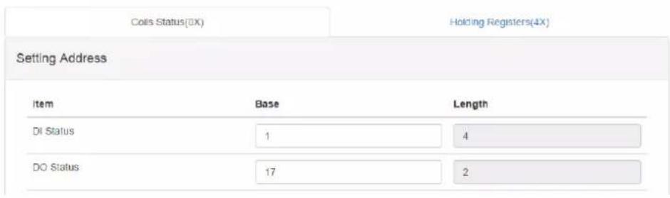 Coils Status(0X) Holding Registers(4X) Setting Address Item Base Length DI Status 1 4 DO Status 17 2