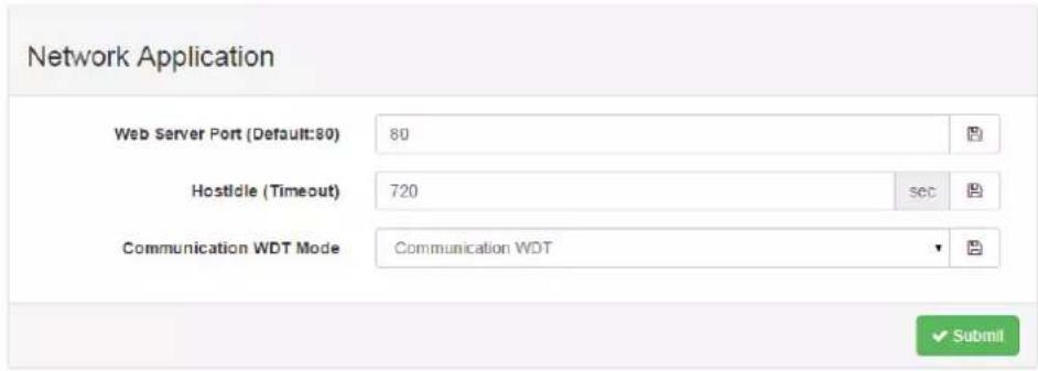Network Application Web Server Port (Default:80) 80 Hosticle (Timeout) 720 sec Communication WDT Mode Communication WDT ✓ Submit