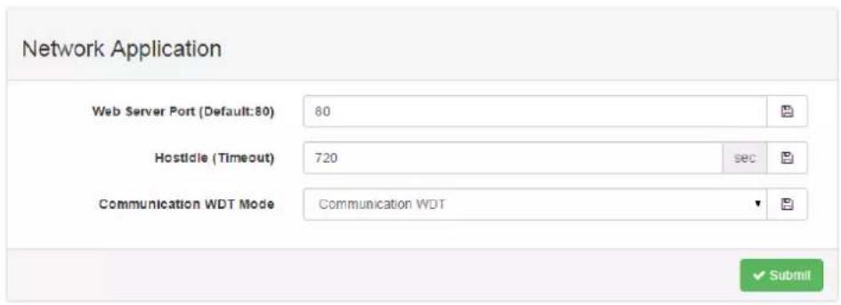 Network Application Web Server Port (Default:80) 80 Hostidle (Timeout) 720 sec Communication WDT Mode Communication WDT ✓ Submit