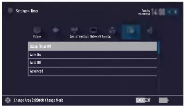 Settings > Timer Picture Source Timer Sound Network TV Par Refix Sleep Timer Off Auto On Auto Off Advanced Change Area Exit Back Change Mode Back EXIT