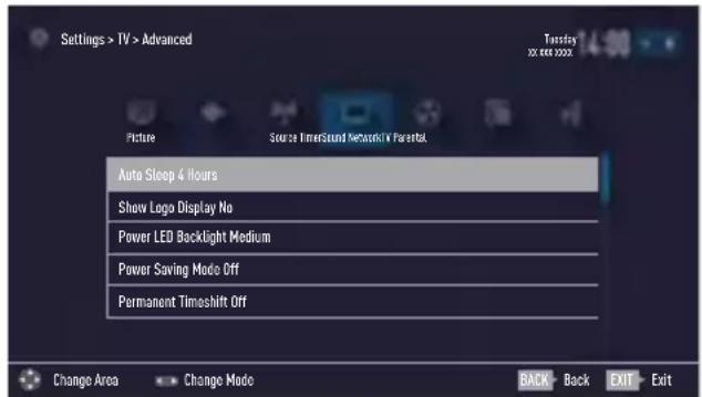Settings > TV > Advanced Picture Source TimerSound Networking Parental Auto Stoop 4 Hours Show Logo Display No Power LED Backlight Medium Power Saving Mode Off Permanent Timoshift Off Change Area Change Mode Back Back Exit Exit Tuesday xx see xxxx